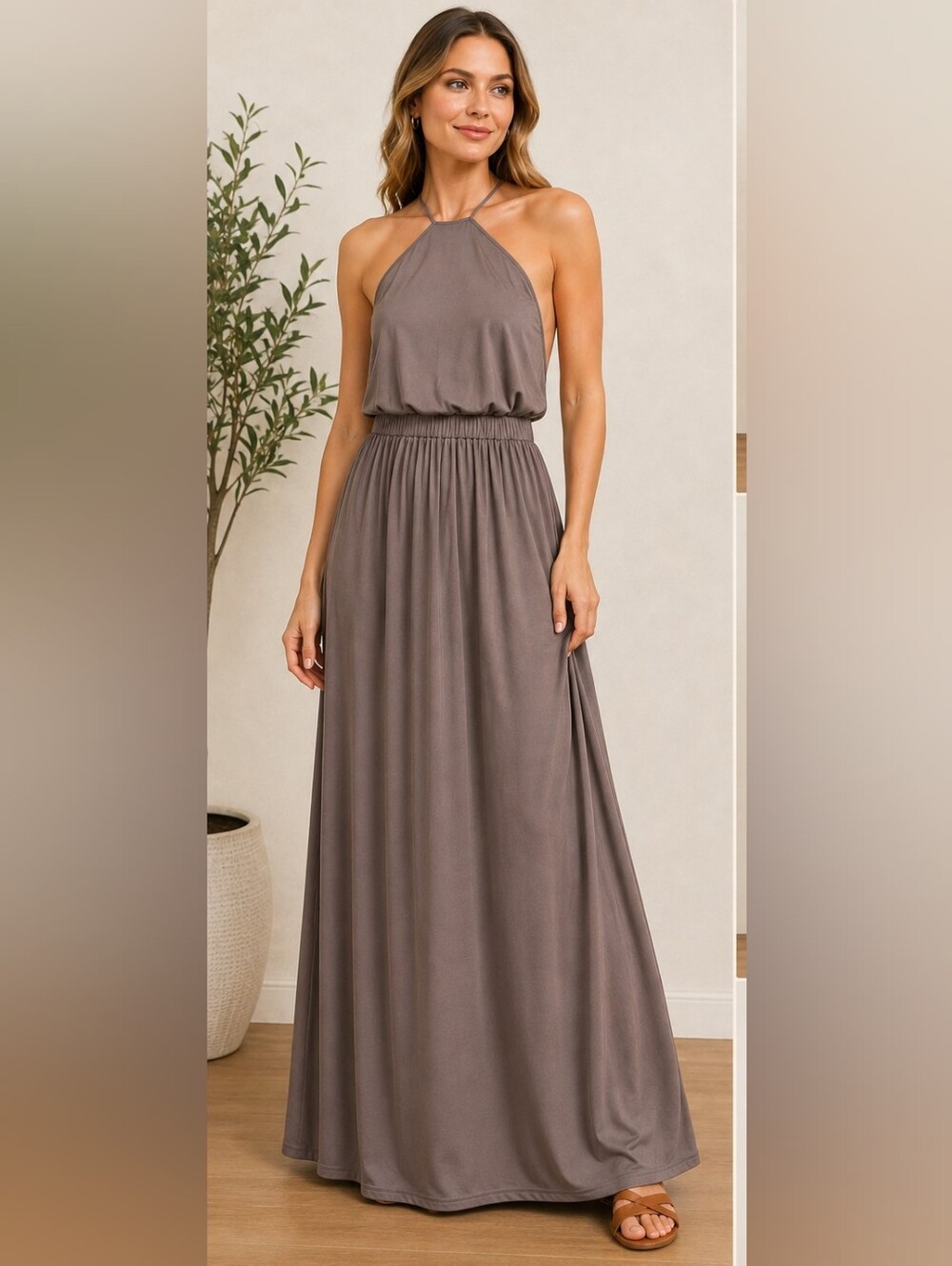 HYFVE L Taupe Backless Halter Maxi Dress Cross Tie Boho Flowy